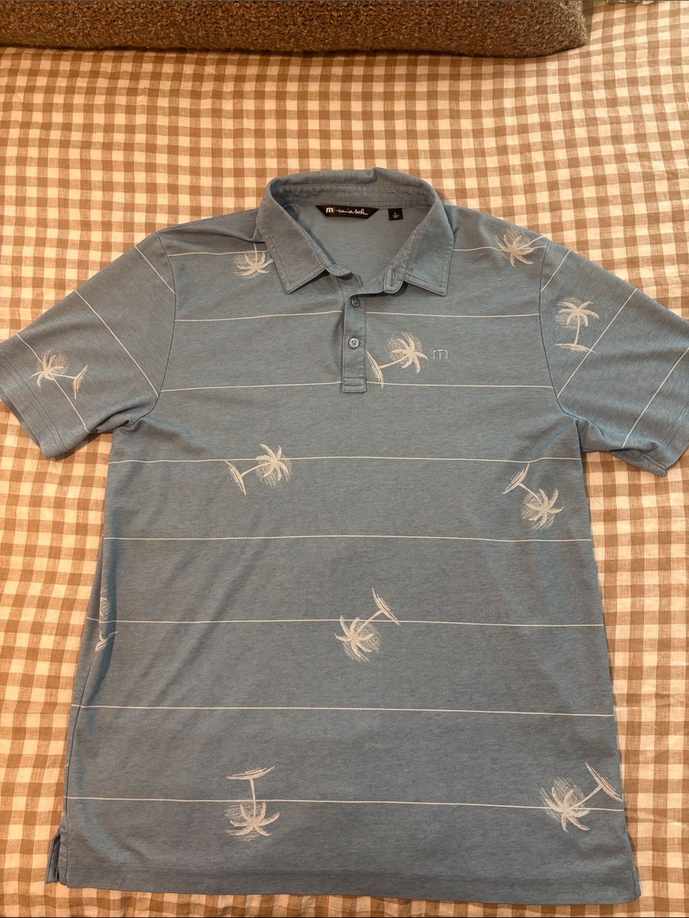 Travis Mathew Blue Polo with White Palm Trees
